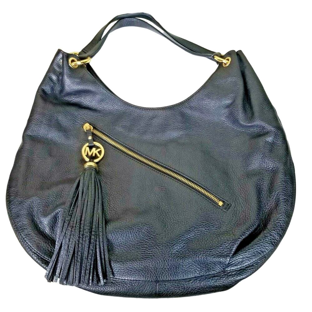 Michael Kors Womens Large Pebbled Leather Shoulder Tote Bag Charm Tassel Handbag